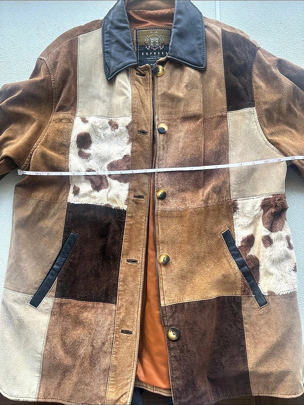 Vintage Express Patchwork Suede Leather Cow Print Coat Y2K Western Boho Size Med - Picture 7 of 11